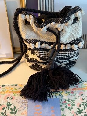 World Market Black & Cream Woven Drawstring Bucket Bag
